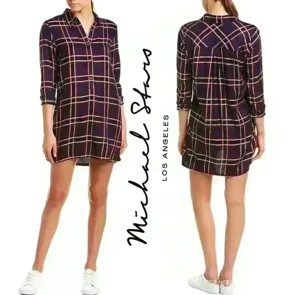 NWT Michael Stars Woven Plaid Henley Shirt Dress